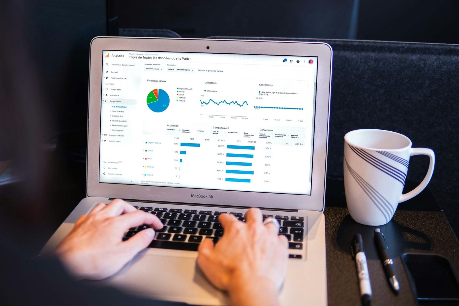 Laptop displaying a marketing performance report with charts